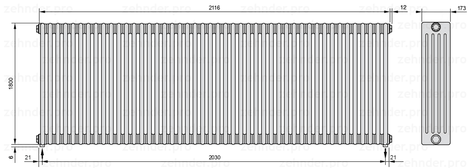 Схема (чертеж) Радиатор Zehnder Charleston 5180/46 №3570 Белый глянцевый RAL 9016